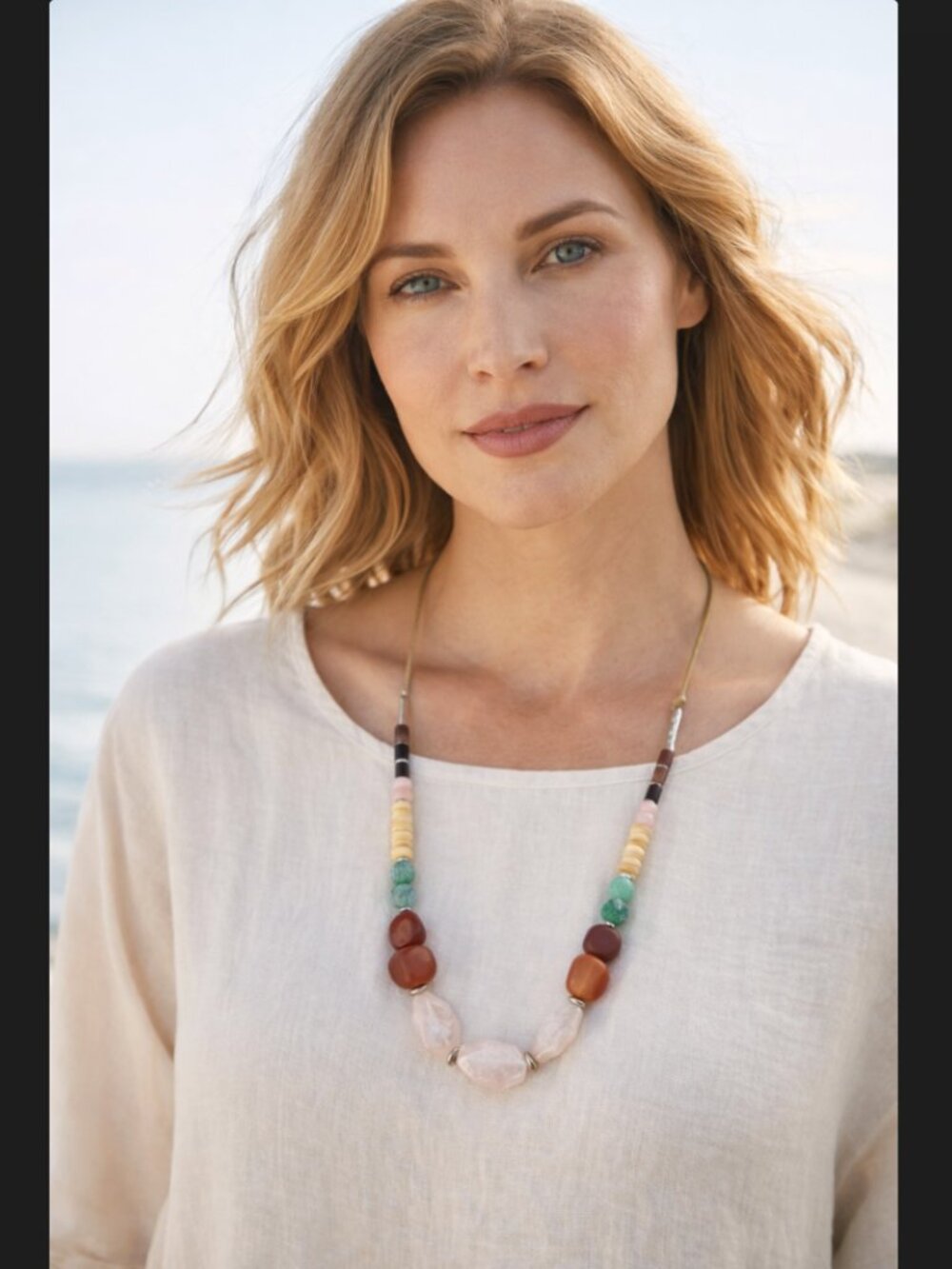 J. Jill Beaded Necklace Red Agate Rose Quartz Adjustable Boho Artisan Coastal